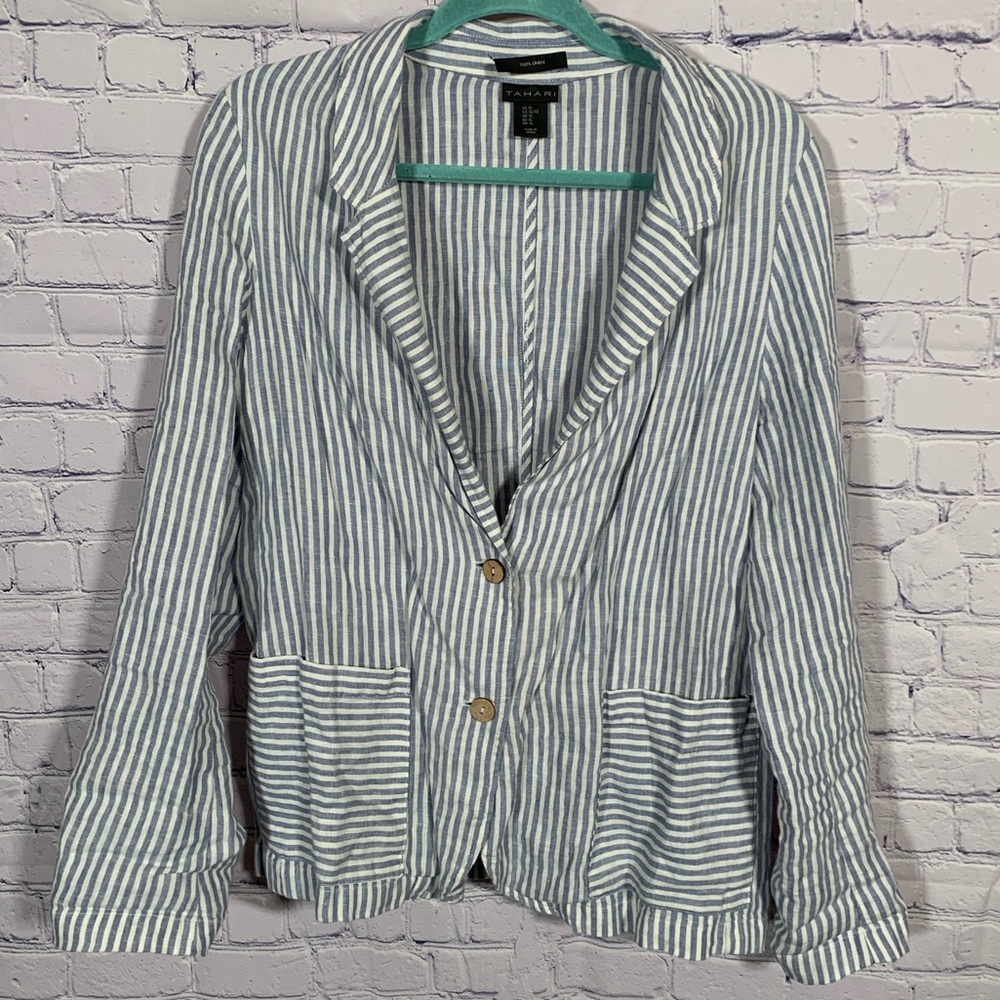 Tahari Womens Striped Linen Blazer Blue White Sz XL Casual Business Lightweight